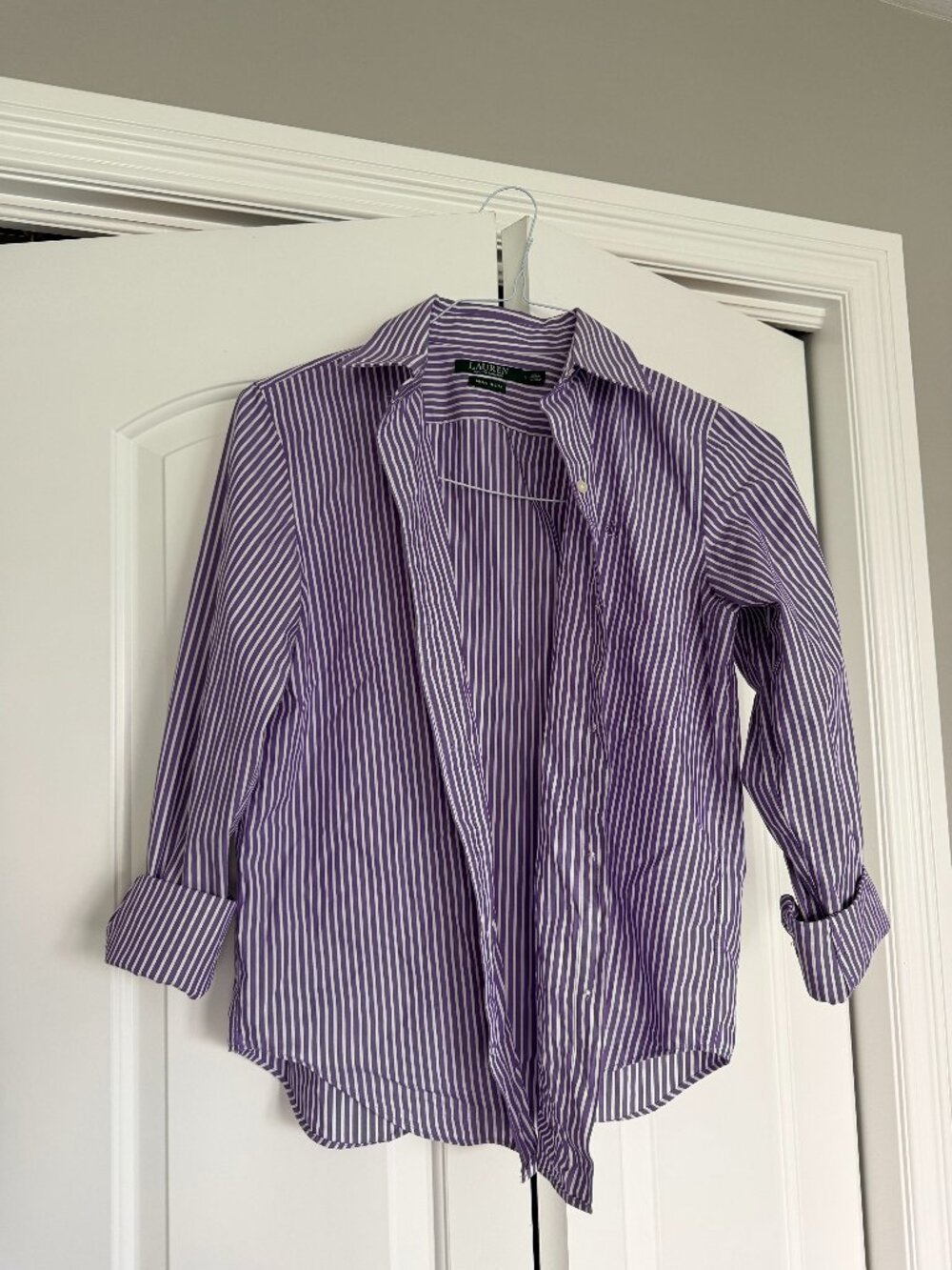 Like New Lauren Ralph Lauren Purple and White Striped Button-Down Shirt Small